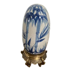 Vintage Chinoiserie Blue and White Ceramic Egg on Brass Stand