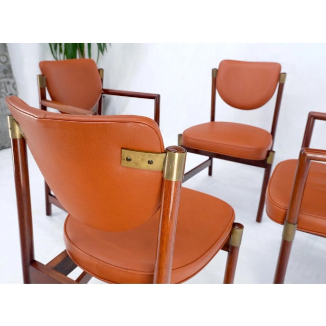 Brown Set 4 Grosfeld House Brick Leather Upholstery Brass Accents Dining Chairs For Sale - Image 8 of 13