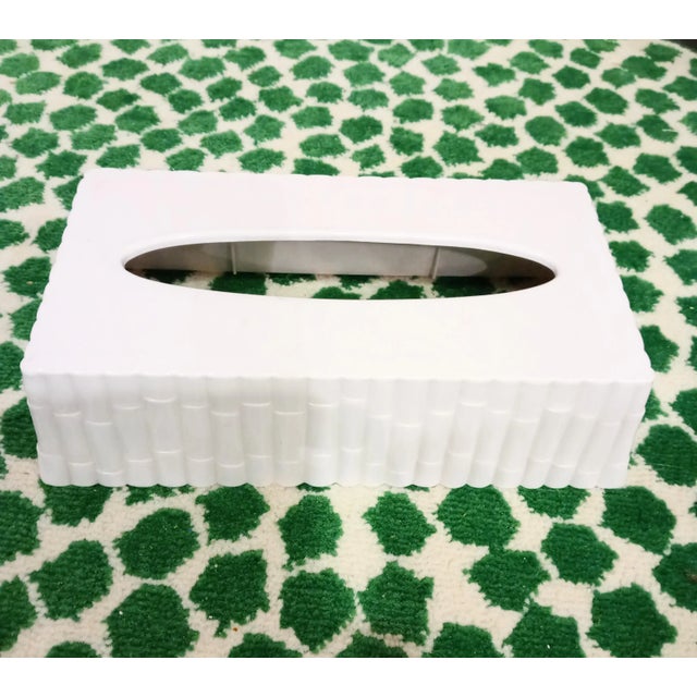 A vintage white plastic faux bamboo tissue box cover holder.