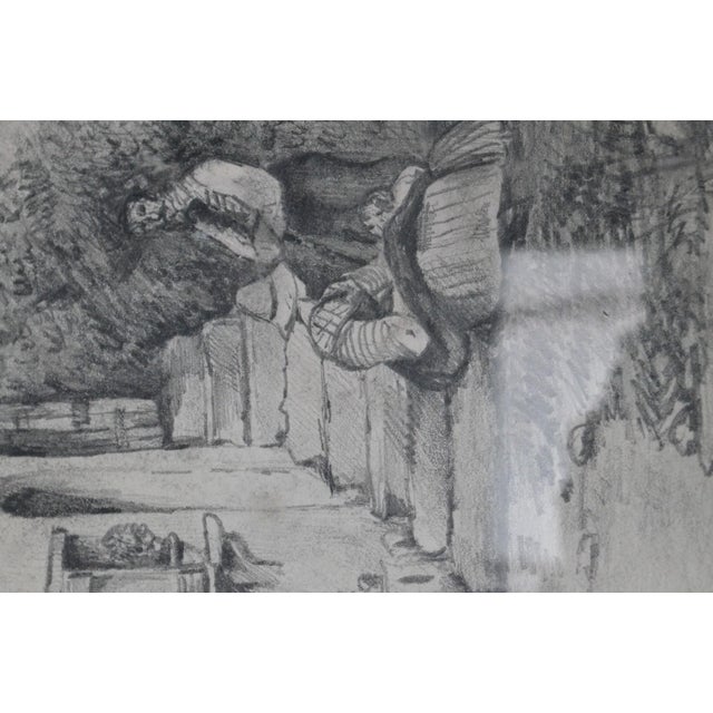 Attributed to Jacques Moulinier (1753–1828) Charcoal Drawing — Figures Before a Half-Timbered House For Sale - Image 6 of 14