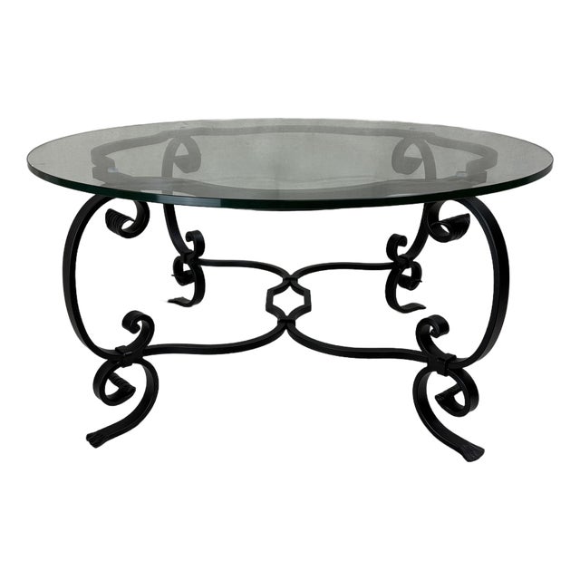 1950s French Hand-Wrought Iron and Glass Table, 36" Diameter For Sale