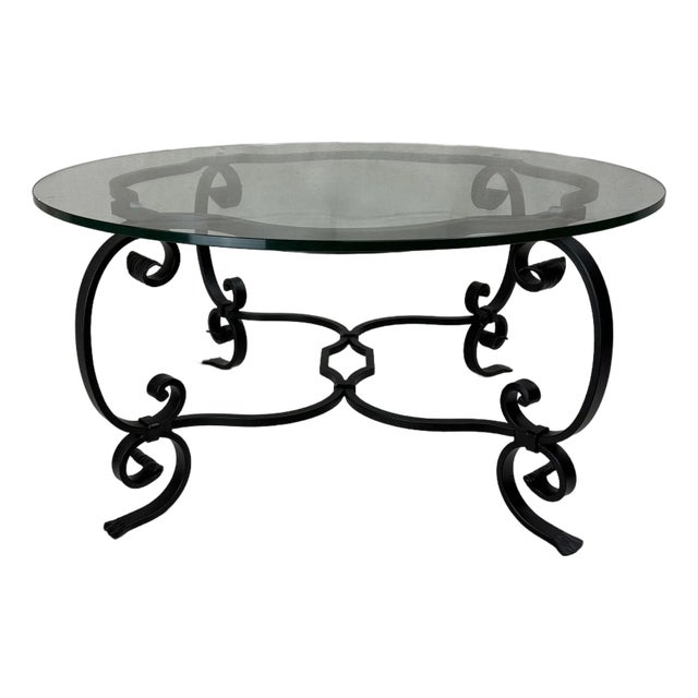 1950s French Hand-Wrought Iron With New Glass Table, 36" Diameter, Professionally Restored For Sale