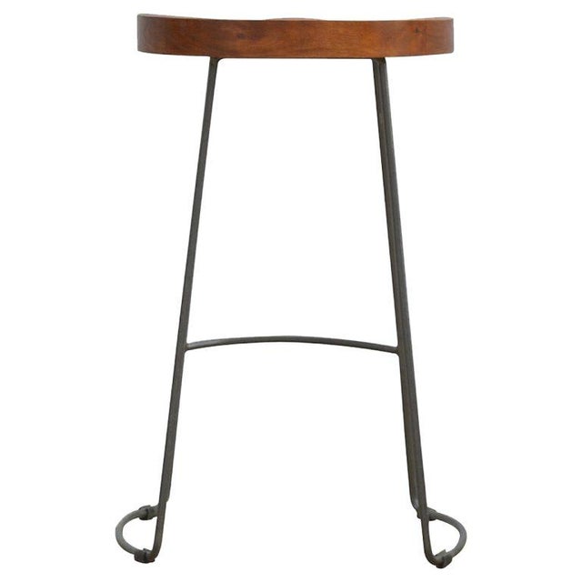 Industrial Wooden Bar Stool With Metal Frame and Oak Seat For Sale - Image 3 of 8