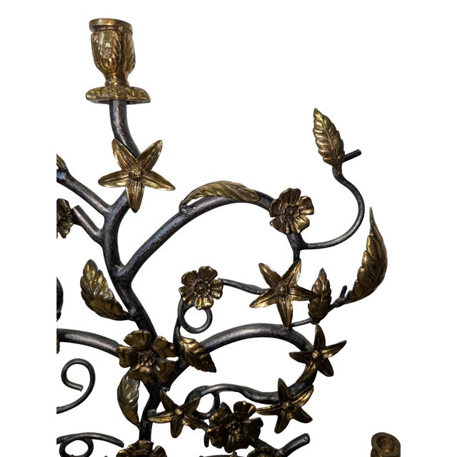 Mexican Mid-20th Century Hand-Forged Wrought Iron Candelabra With Applied Cast Brass Botanical Details For Sale - Image 3 of 11