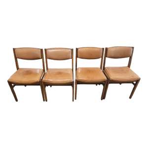 Four Vintage MCM Teak and Leather Side Chairs.