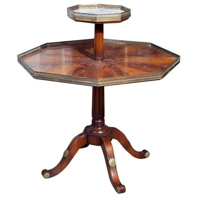 Flame Mahogany Octagonal Two-Tier Table White Marble Top Pedestal Base ...