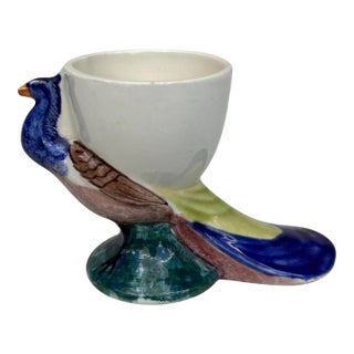 French Majolica Peacock Egg Cup Sarreguemines Circa 1920 For Sale