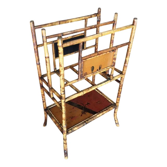 Antique Restored Aesthetic Movement Large Two-Tier Tiger Bamboo Magazine Rack With Divider For Sale