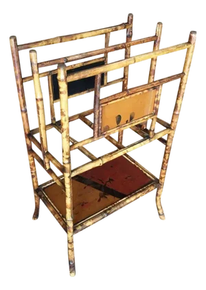 Antique Restored Aesthetic Movement Large Two-Tier Tiger Bamboo Magazine Rack With Divider