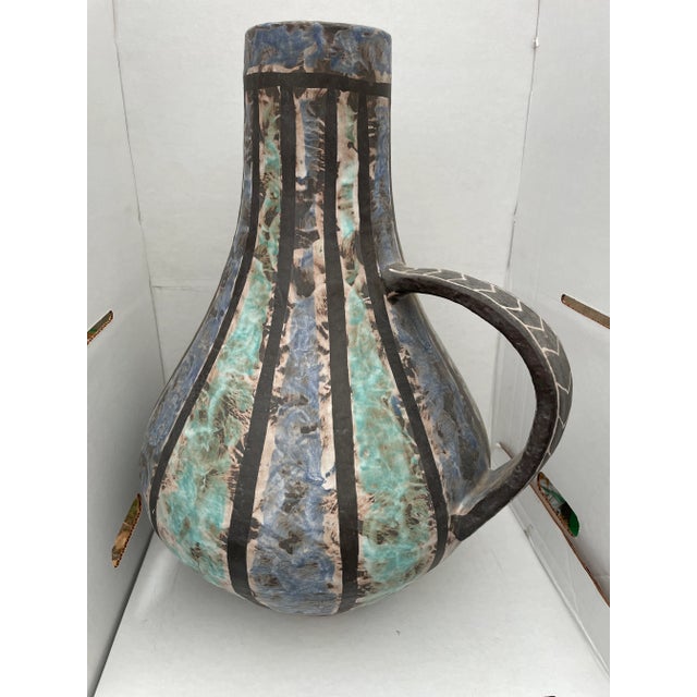 Boho Chic Vintage 1950s Italian Mottled Blue Pottery Handled Vase For Sale - Image 3 of 13