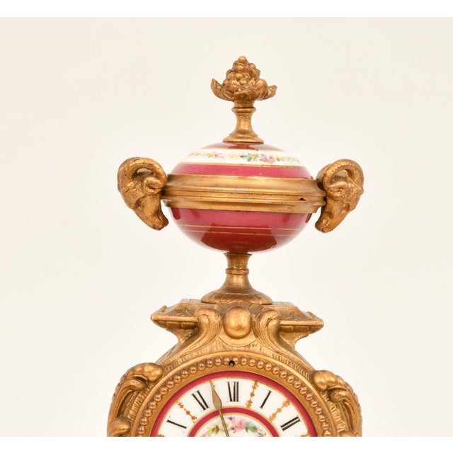 Late 19th Century Antique French Gilt Bronze & Porcelain Three-Piece Figural Clock Garniture For Sale - Image 5 of 13
