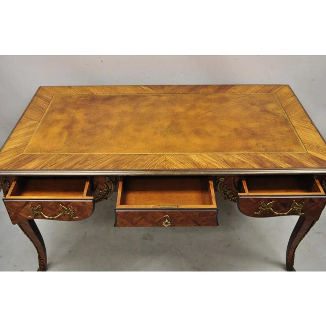 Vintage French Louis XV Style Figural Bronze Ormolu Leather Top Executive Desk Bureau Plat. Item features ornate bronze...