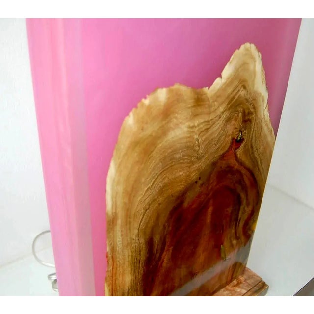 Orchid Pink Resin and Carob Burl Wood Console Table Lamp For Sale In Atlanta - Image 6 of 13