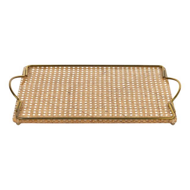 Mid-Century Acrylic Glass, Rattan and Brass Serving Tray in the style of Christian Dior, Italy, 1970s For Sale