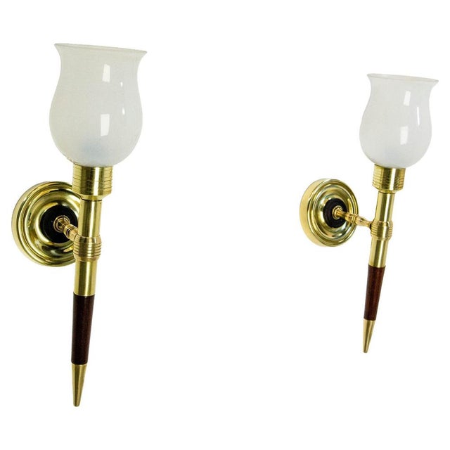 Brass and Iroko Wall Sconces with Opaline Lampshades from Maison Lancel, 1960, Set of 2 For Sale - Image 10 of 10