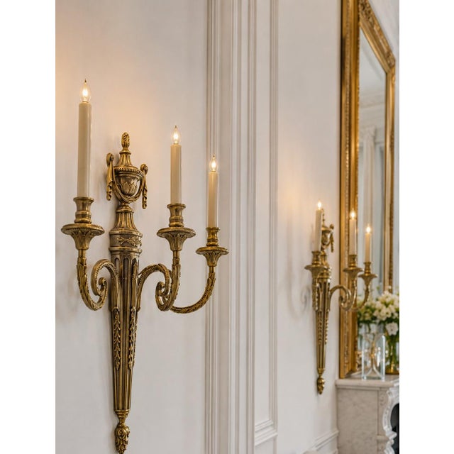 Large French Louis XVI Style Bronze Three-Arm Wall Sconces, 1950s, Set of 2 For Sale - Image 15 of 18
