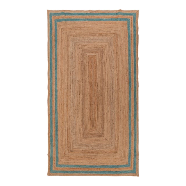 Turquoise Blue Double Border Rectangle Jute Handmade Rug 3'x6' Ft. For Sale