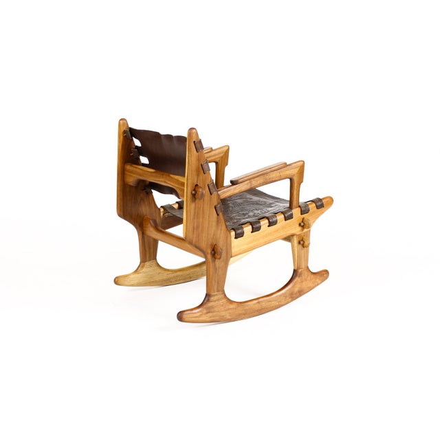 Vintage Mid Century Modernist Wood + Leather Rocking Chair + Ottoman Set – Angel Pazmino For Sale - Image 9 of 15