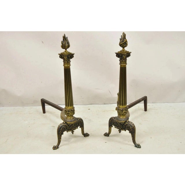 Antique French Empire Style Bronze Column Flame Finial Fireplace Andirons - a Pair. Item features flame finials, reeded...