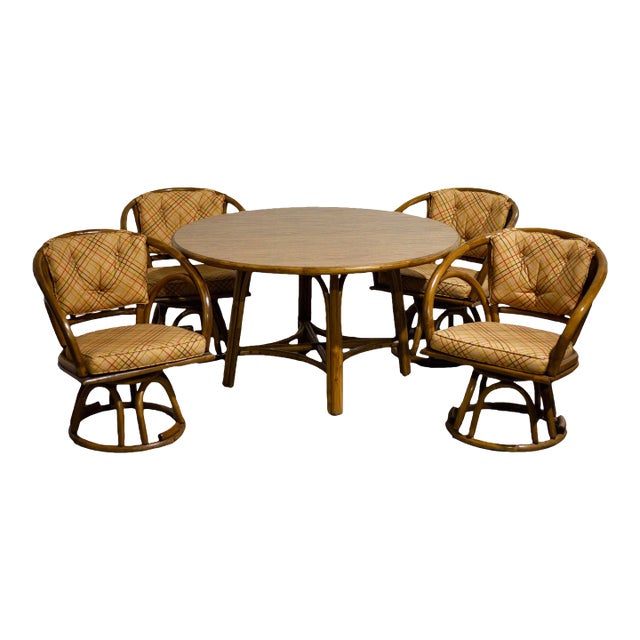 Mid Century Rattan Round Table and Swivel Chairs Set 5 Pieces Chairish