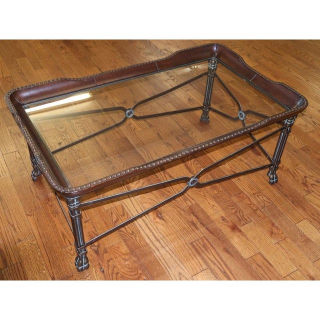 Brown Maitland Smith Regency Style Leather Wrapped Glass Top Cocktail Coffee Table For Sale - Image 8 of 12
