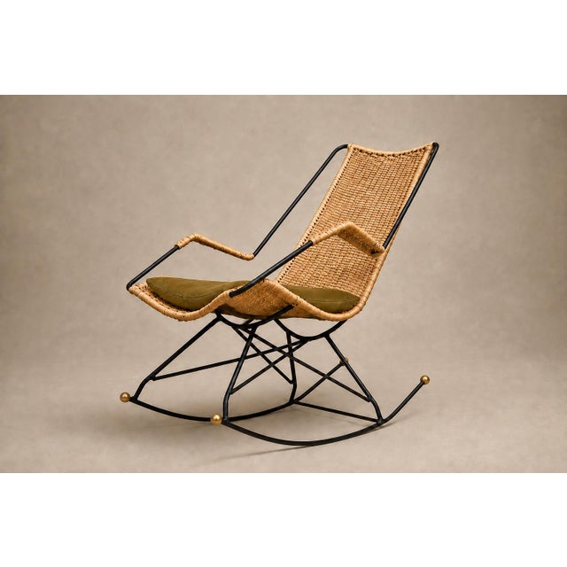 Brazilian Modern Rocking Chair in Metal, Wicker & Green Mohair by Carlo Hauner, 1950s For Sale - Image 18 of 18