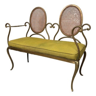 Mid 20th Century Vintage Cane and Brass Bistro Bench For Sale