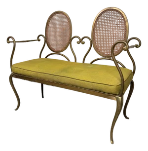 Mid 20th Century Vintage Cane and Brass Bistro Bench