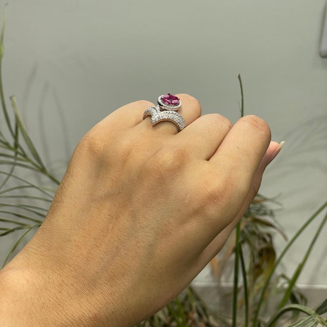 Ruby Red Carat&Her Valentine's Tiara Ruby Chevron Ring With Diamond Accents, Size 7 For Sale - Image 8 of 12