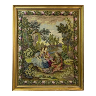 Large (43" Tall) Vintage Framed Needlework Tapestry Carle Vanloo's Reading Aloud For Sale