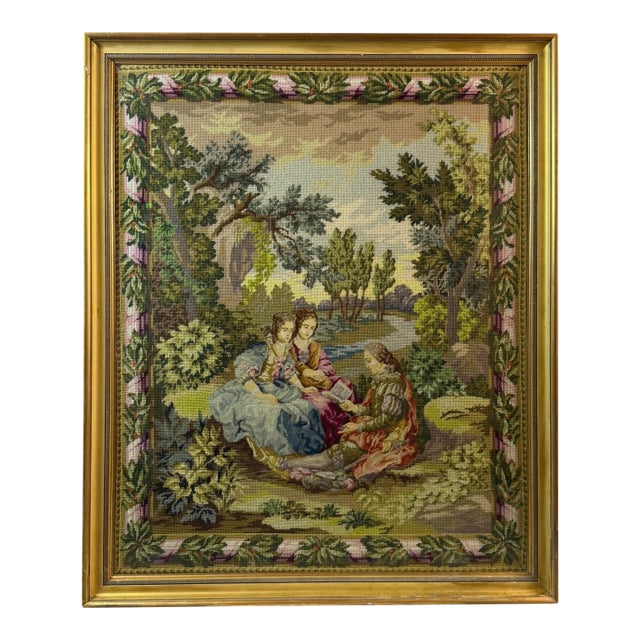 Large (43" Tall) Vintage Framed Needlework Tapestry Carle Vanloo's Reading Aloud For Sale