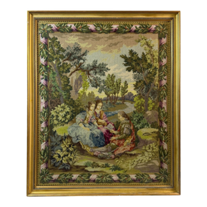 Large Vintage Framed Needlework Tapestry Carle Vanloo's Reading Aloud