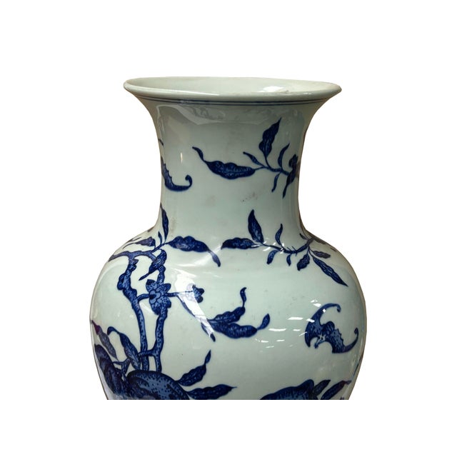 Vintage Chinese Blue White Fruits Flowers Graphic Porcelain Art Vase For Sale - Image 10 of 13