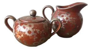 Vintage Ceramic Creamer & Sugar Bowl Raku Glaze Signed- Set of 2