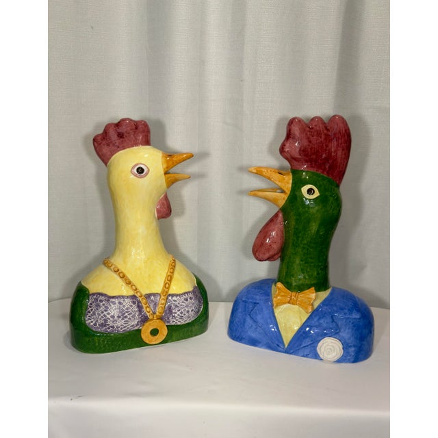 Dorothy Draper Late 20th Century Hand-Painted Italian Majolica Anthropomorphic Rooster and Hen Busts by Turtle and Crane - Palm Beach Regency Whimsy For Sale - Image 4 of 12