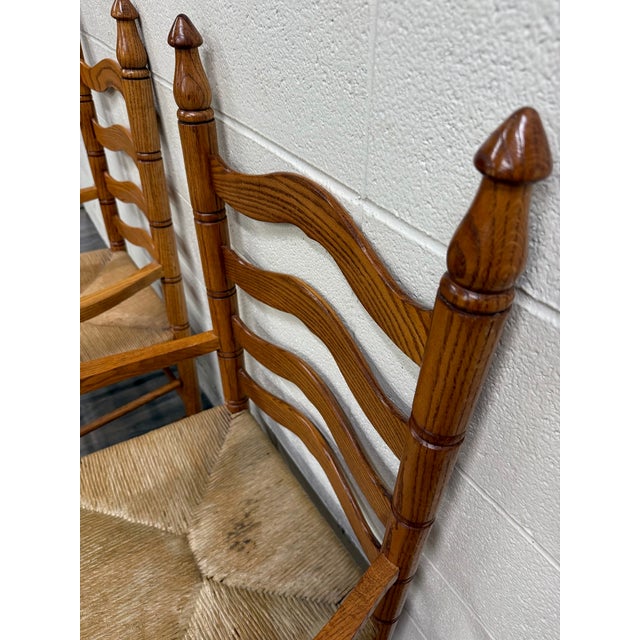 Wood Vintage Country French Style Solid Oak Ladder Back Handwoven Rush Seat Armchairs For Sale - Image 7 of 10