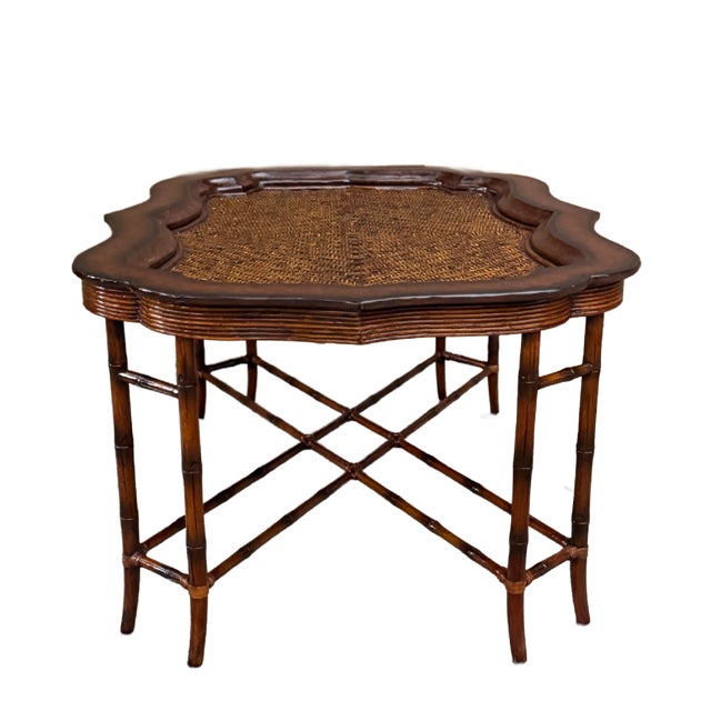 1980s Maitland-Smith Regency Faux Bamboo Base Leather and Wicker Tray Top Coffee Table For Sale In Houston - Image 6 of 18
