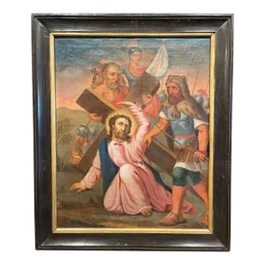 18th Century French Oil on Canvas Painting "Seventh Station of the Cross"