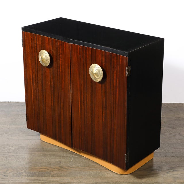 1940s Art Deco Brass Pulls & Leather Wrapped Base Paldao Wood Cabinet by Gilbert Rohde For Sale - Image 5 of 15