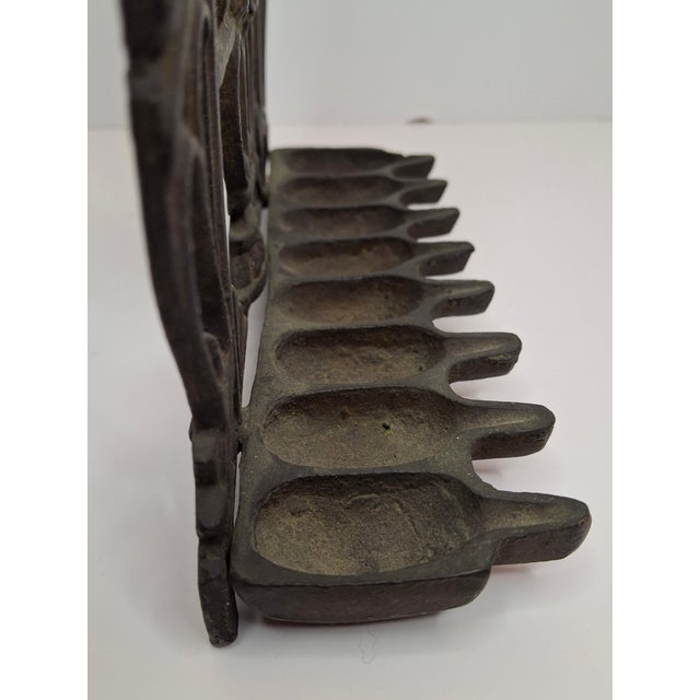 Brass Antique 19thC Polish Brass Bench Menorah Hanukkah Lamp Lions Crown Decalogue For Sale - Image 8 of 15