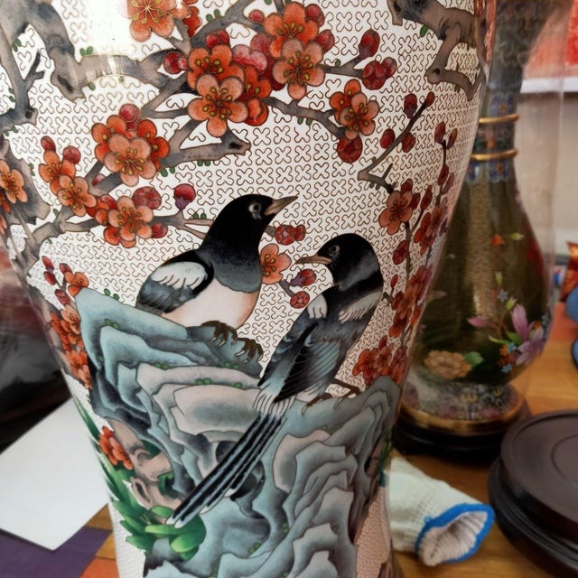 White Large Vintage Cloisonné Enamel Meiping Vase – Magpie & Plum Blossom Motif, Attributed to Dai Jialin For Sale - Image 8 of 9