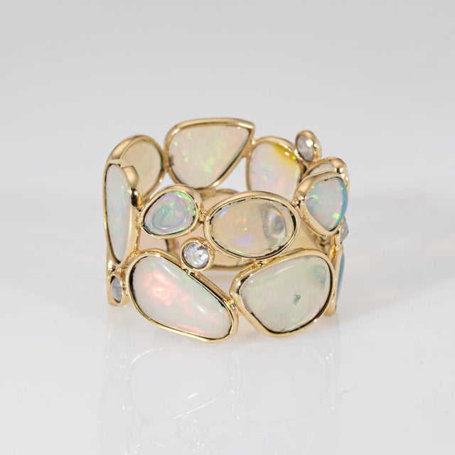 Opal Diamond Wide Band Ring Sz 6.5 18k Yellow Gold Mosaic Statement Jewelry For Sale - Image 4 of 5
