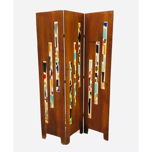 Mid Century Modern Multicolor Art Glass and Wood Screen/Room Divider
