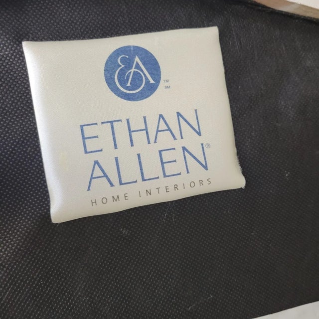 Pair of Ethan Allen Louis XVI Style Oval Back Armchairs in Distressed White Finish For Sale - Image 12 of 13