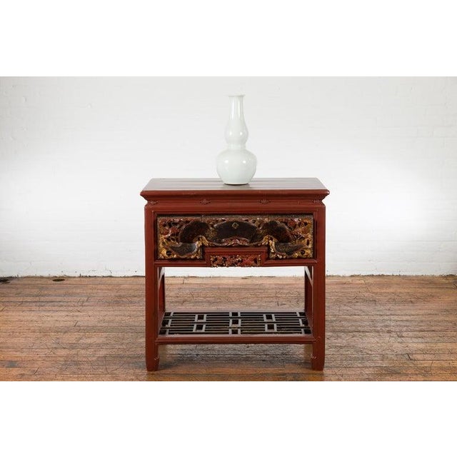 Chinese Red Lacquered Console Table with Hand Carved Drawers & Geometric Shelf For Sale - Image 9 of 12
