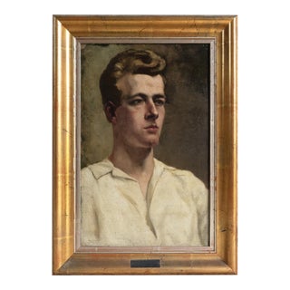 Captivating Portrait of a Man in a White Shirt, Vintage Original Oil Painting, C. 1930s For Sale