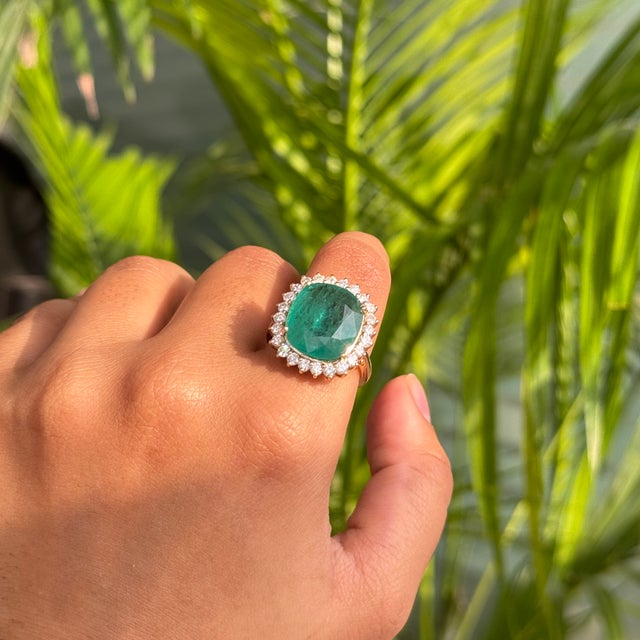 9.17 Ct Zambian Emerald Art Deco Cocktail Ring With Halo Diamonds in 14k Solid Gold Size 5 For Sale - Image 11 of 17