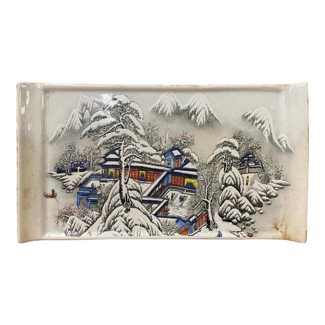 Distressed White Porcelain Snow Trees House Rectangular Display Plate For Sale
