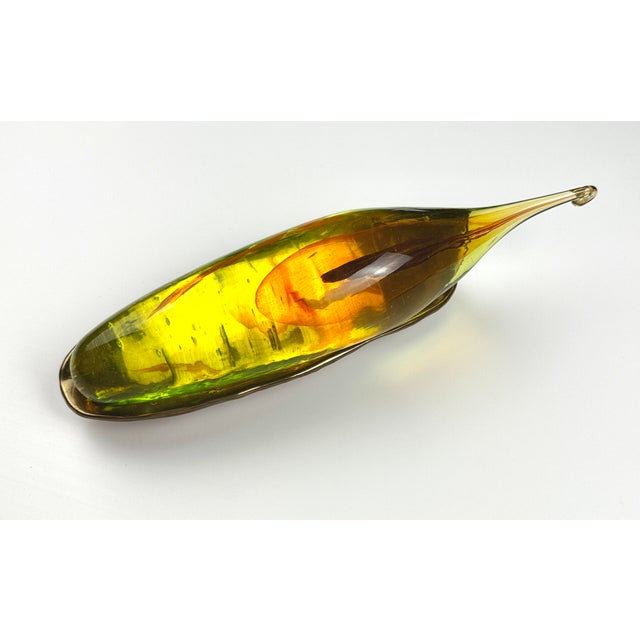 Catherine Vamvakas Lay — Abstract Biomorphic Colored Hand-Blown Glass with Bronze Cradle (Signed) Dimensions: 10” W × 2.6”...