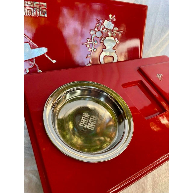Mid 20th Century Korean Red Lacquer Smoking Box With Mother-of-Pearl Inlay – Complete Set For Sale In San Francisco - Image 6 of 11